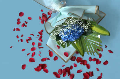 Exotic Floral Arrangement | Hydrangea Bouquet with Gypsophila & Foliage
