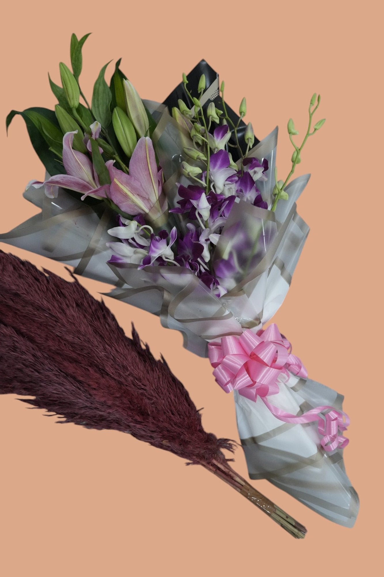 Elegant Orchid & Lily Arrangement | Oriental Lilies with Purple Orchids
